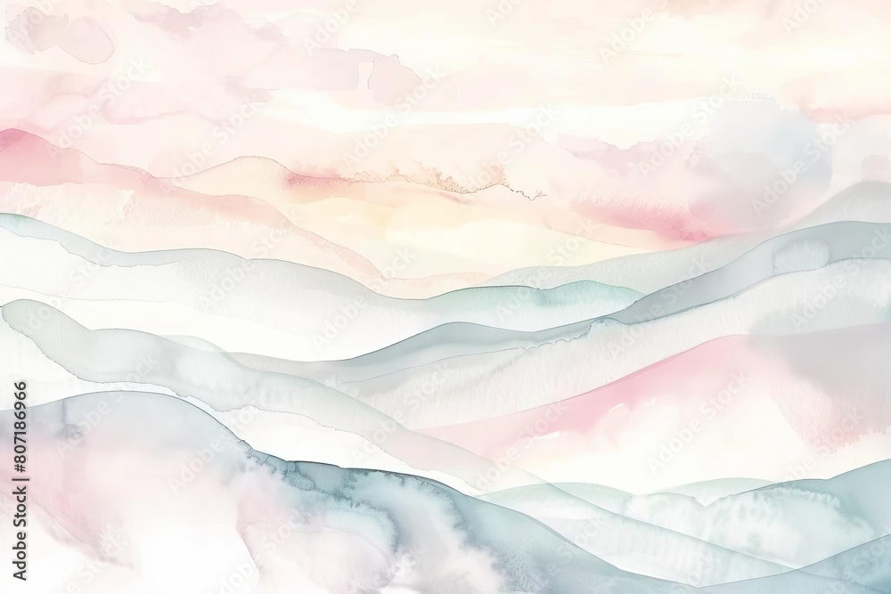 Fototapeta premium Ethereal panoramic background with a soft, flowing watercolor wash in pastel tones, perfect for serene content with generous copy space