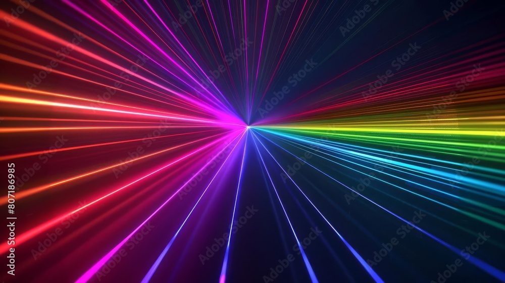 Fantastic wallpaper featuring a spectrum of colorful laser rays shooting across a dark background, perfect for vibrant designs with ample copy space