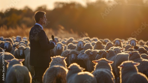 Man Standing in Front of a Herd of Sheep