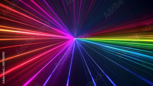 Fantastic wallpaper featuring a spectrum of colorful laser rays shooting across a dark background, perfect for vibrant designs with ample copy space