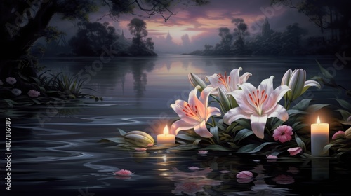 Lily flowers and candles on the lake in the morning, illustration © NI