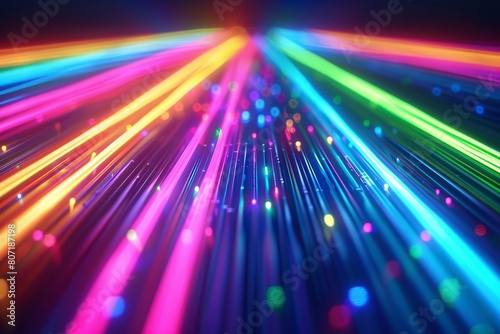 Highspeed neon lines in a spectrum of rainbow colors, creating a sense of swift data flow against a dark background with subtle bokeh effects photo
