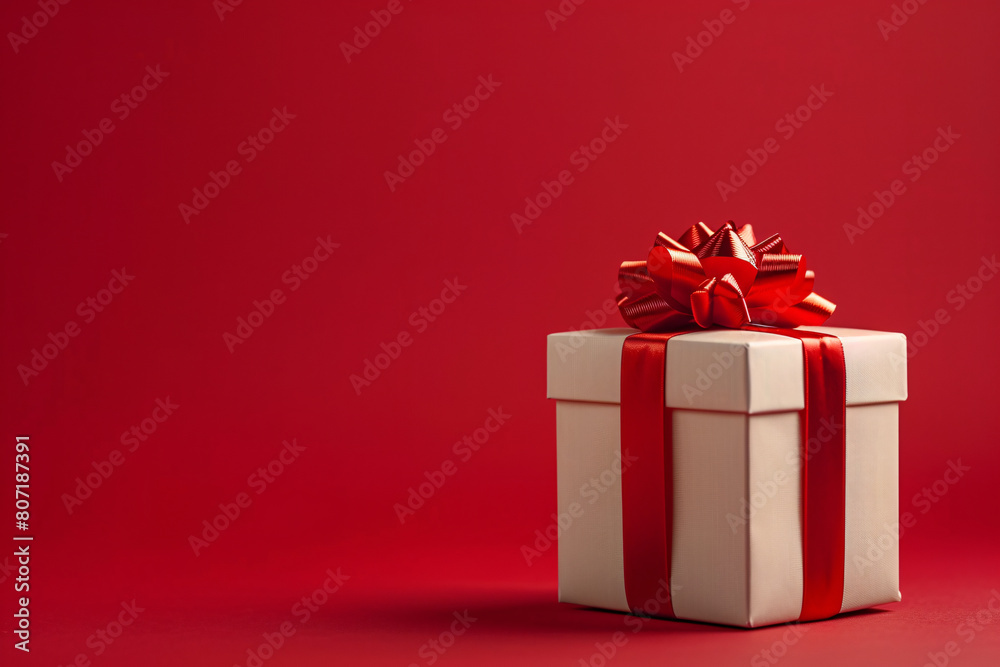 White gift box with red ribbon on red background White gift box with red ribbon on red background