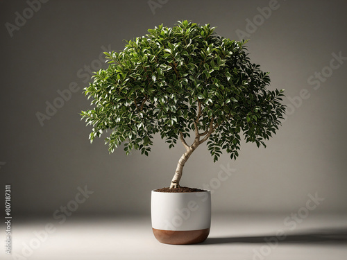 tree in a pot, cute little healthy ficus plant inside a minimal background photo