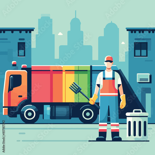 illustration of a sanitation worker with a garbage truck