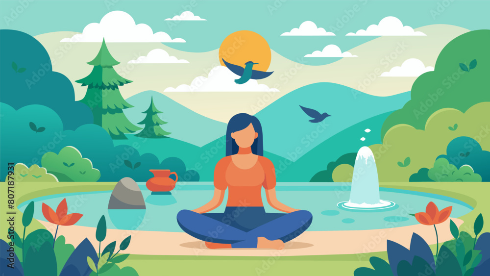 A peaceful meditation session in a serene garden with the soothing sounds of trickling water and chirping birds in the background.. Vector illustration