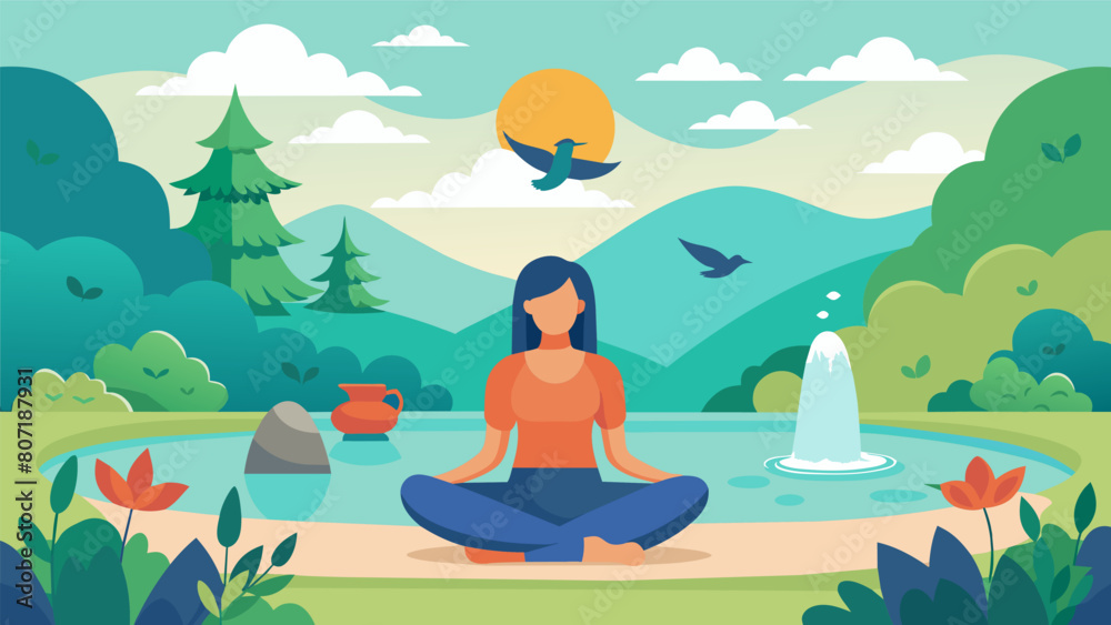 A peaceful meditation session in a serene garden with the soothing sounds of trickling water and chirping birds in the background.. Vector illustration A peaceful meditation session in a serene garden with the soothing sounds of trickling water and chirping birds in the background.. Vector illustration