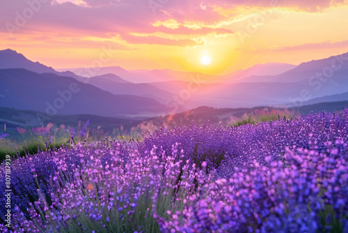 Big lavender field on sunset background