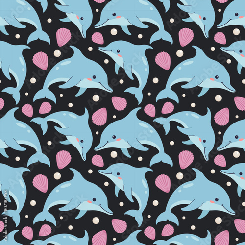 Seamless pattern with dolphins, shells on black background. Vector illustration. Marine summer background. Trendy pattern in flat style, design for wrapping paper, wallpaper, stickers, notebook cover.