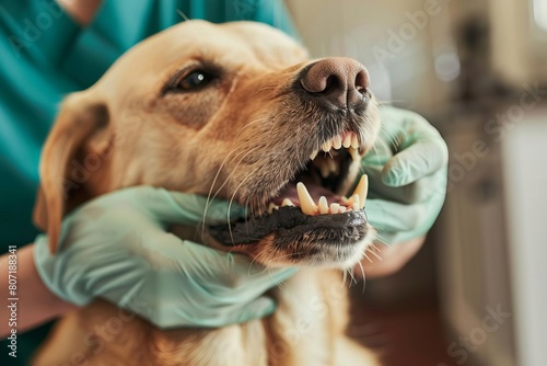 Veterinarian performing dental examination on a dog, closeup on the dog s teeth and vet s gloves, informative space for pet dental health photo