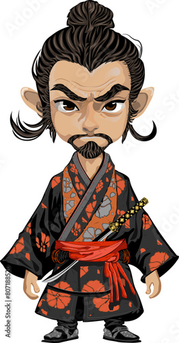  Cartoon serious Japanese samurai.Vector illustration.