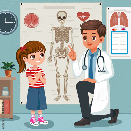 The doctor tells the little girl, how does the human body work? Vector illustration.