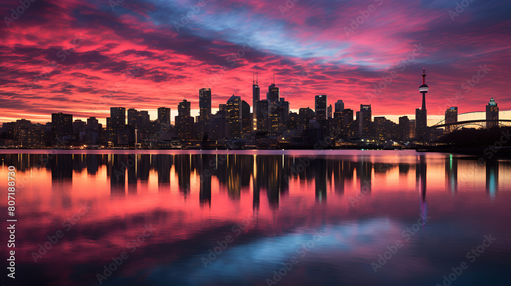 City skyline reflects in water at sunset, 