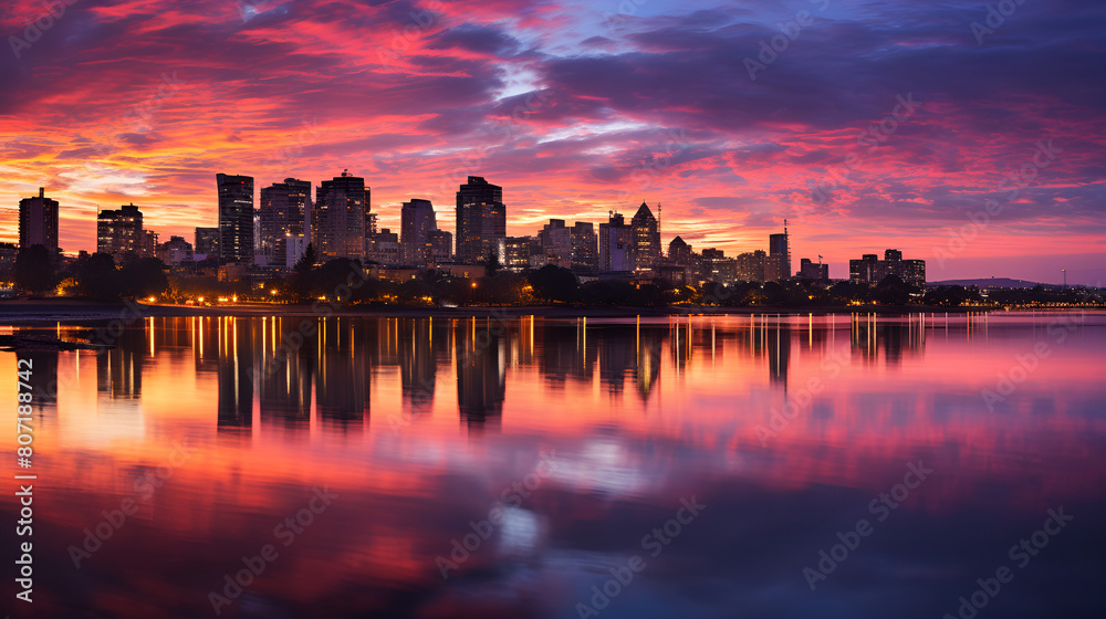 Fototapeta premium City skyscrapers reflected in water at sunset