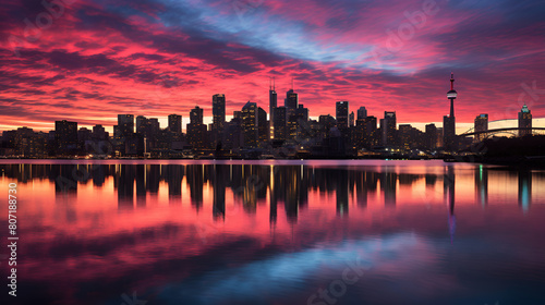 City skyline reflects in water at sunset, 