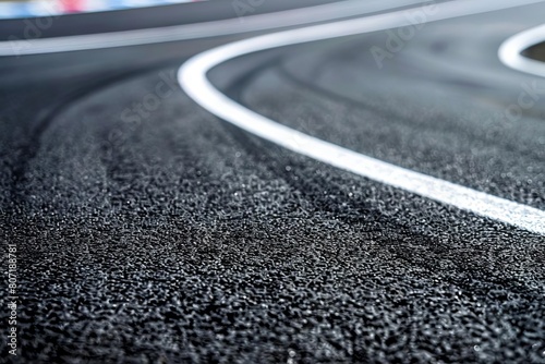 Racing track closeup with detailed asphalt texture and lane markings, conveying speed and competition, perfect for sports advertising with copy space