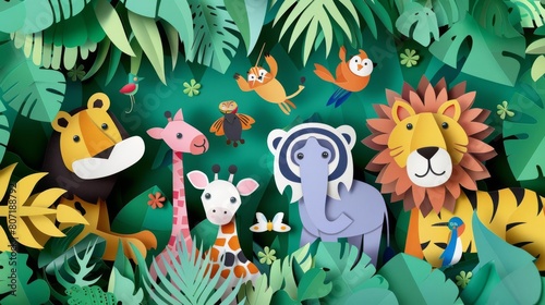 Playful paper craft pattern of animals in a jungle setting  crafted with vibrant colors and a flat design  great for childrens themes with copy space