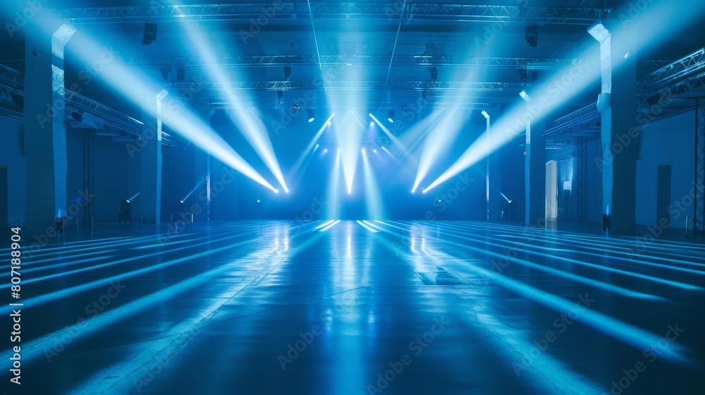 No people in an empty event space with surreal blue light beams streaming across, giving a feel of an abandoned yet vibrant dance floor