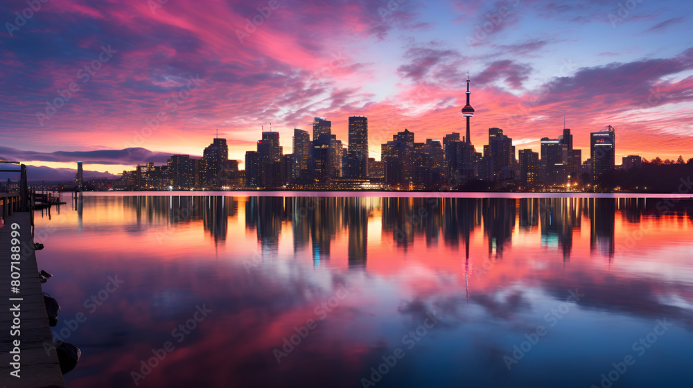 City silhouette mirrored in dusk waters amidst City silhouette mirrored in dusk waters amidst
