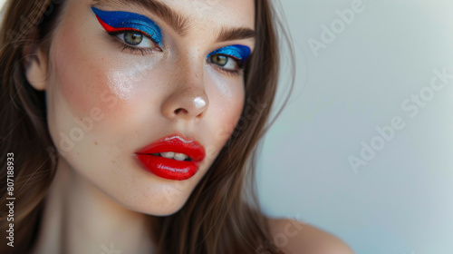 A woman with blue eyes and red lips. She has blue eyeliner