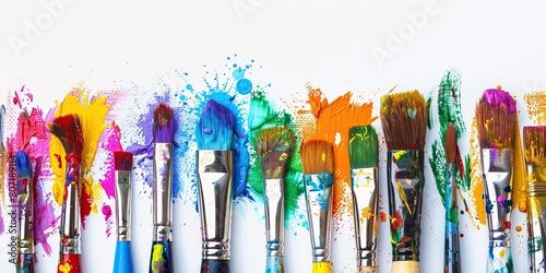 Set of different dirty paint brushes with gouache isolated on white. Composition of colorful painting brushes for drawing arranged in a row. Concept of hobbies and creativity. Banner with copy space photo