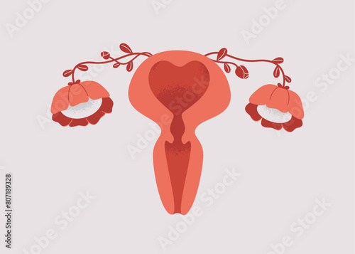 Uterus organ and follicular tubes in bloom.Good female health and  reproductive system function. Gynecological exam and illness prevention for women. vector illustration
