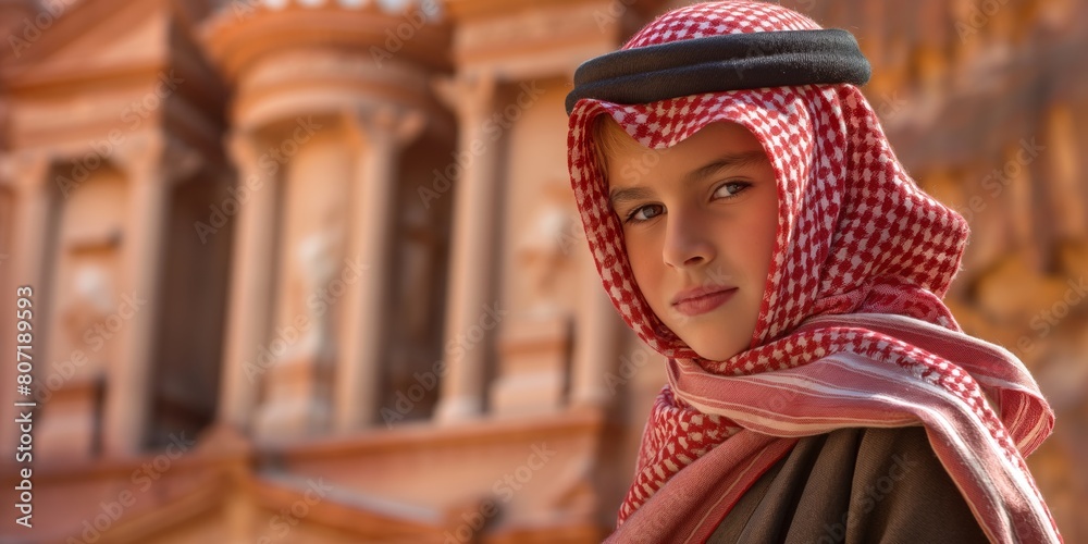 Obraz premium A thoughtful young boy in a traditional checkered keffiyeh stands near ancient ruins