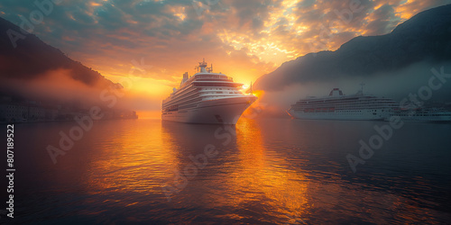 Huge luxury cruise ship sailes around norwegian fjords during sunset. photo