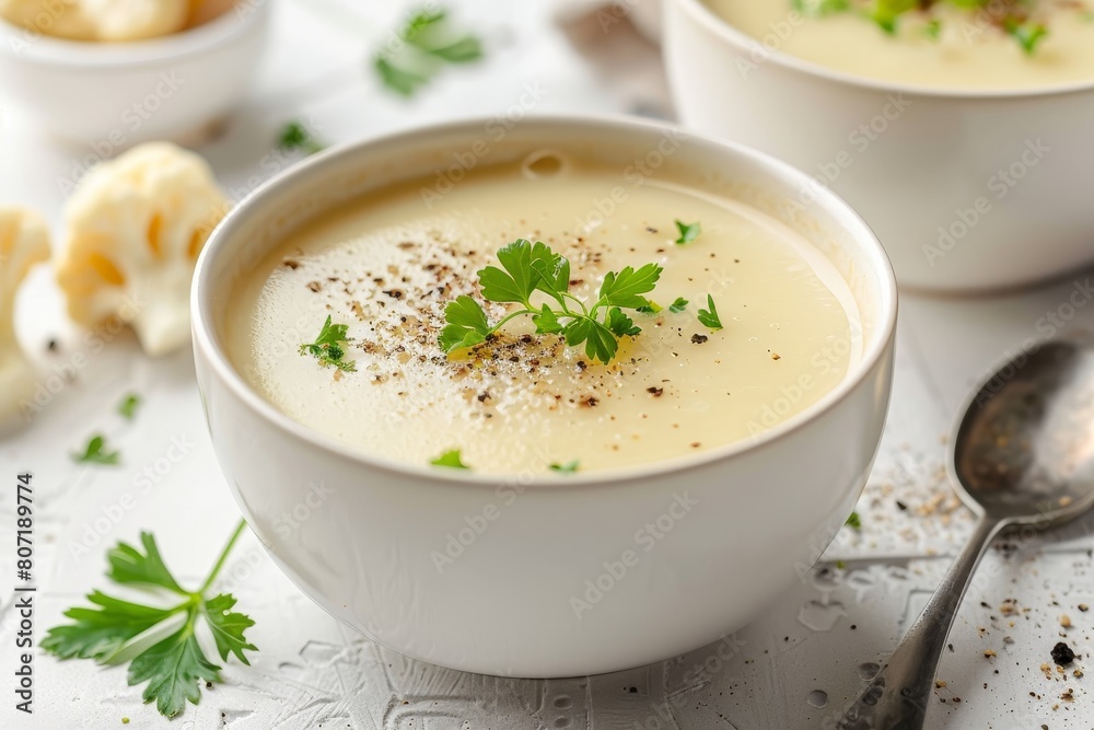 Vegan cauliflower soup in white bowl on white table Vegan cauliflower soup in white bowl on white table