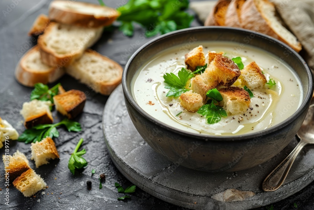 Vegan cauliflower soup with croutons on grey table copy space