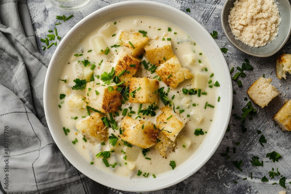 Vegan cauliflower cream cheese soup in white bowl top view Healthy plant based concept Vegan cauliflower cream cheese soup in white bowl top view Healthy plant based concept