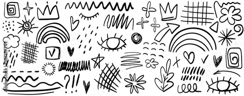 Charcoal graffiti doodle punk and grunge shapes collection.  Hand drawn doodle design elements, charcoal or pencil drawn