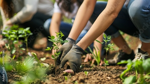 People planting trees or working in community garden close up