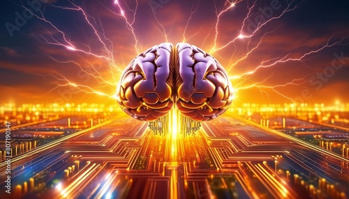 Striking image of a brain floating above a futuristic  circuit-like cityscape  surrounded by electric bolts  in vibrant orange and yellow. 