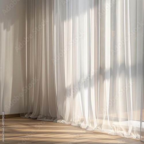 Realistic morning light filtering through sheer curtains, diffusing softly across a simple wall, providing a subtle and elegant background for product showcases