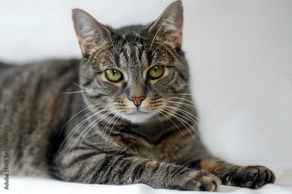 Portrait of a striped cat with green eyes on a white background