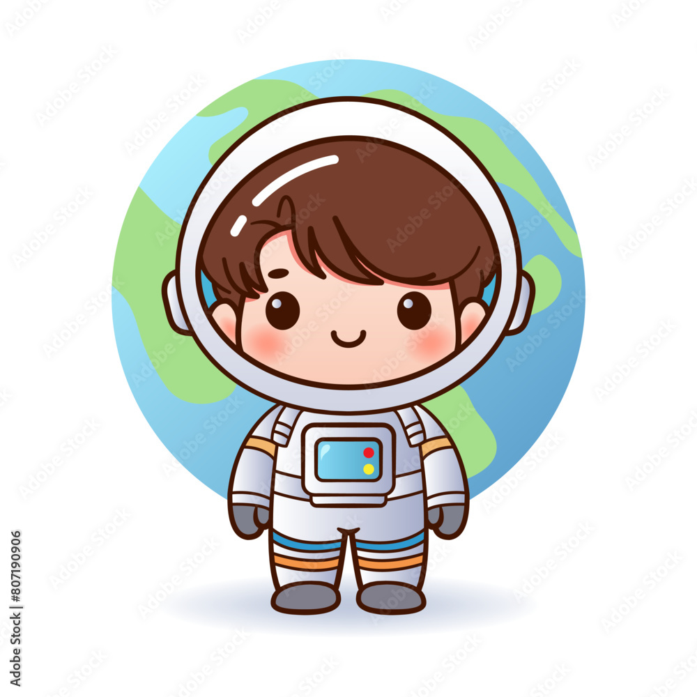A cute astronaut is standing with a planet in the background A cute astronaut is standing with a planet in the background