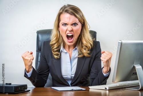 Portrait of angry furious young business woman sitting at the office desk 