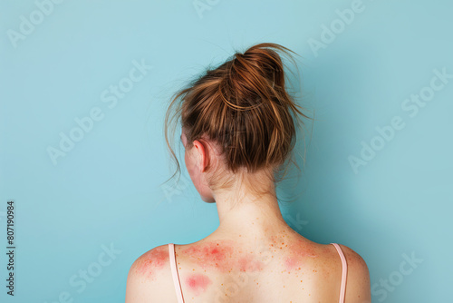 Female Back with Painful Rash, Red Spots Blisters on a Skin. Human Body with Health Problem. Monkeypox, Monkey Pox Disease Symptoms. Close Up Patient. Banner, Copy Space. Dengue Fever Infection, MPOX. photo