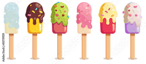 Cute ice cream set illustration isolated on a white background, with a simple design, flat colors, in the style of a cartoon, minimalistic