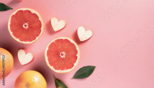 Top view photograph highlighting heart symbols and grapefruits on a pastel pink backdrop, ideal for text or advert