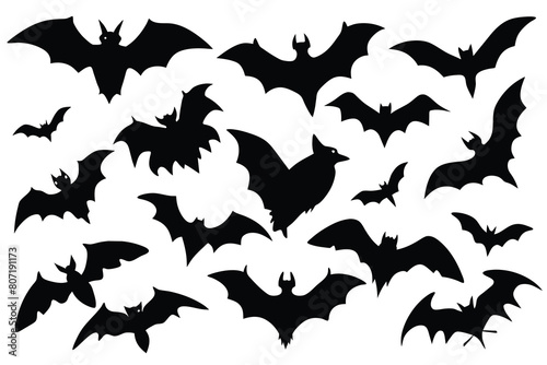 Set of bats black Silhouette Design with white Background and Vector Illustration