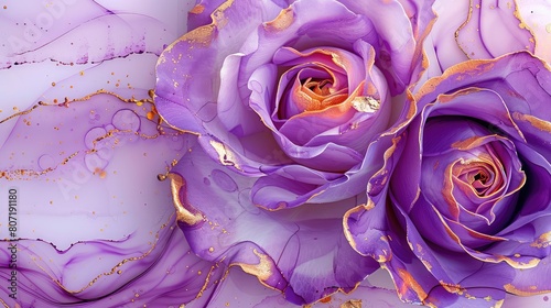 Pink, purple, gold roses and rose petals on white background with copy space for text. Golden alcohol ink watercolor floral bloom banner for Mother’s Day or mauve wedding stationery