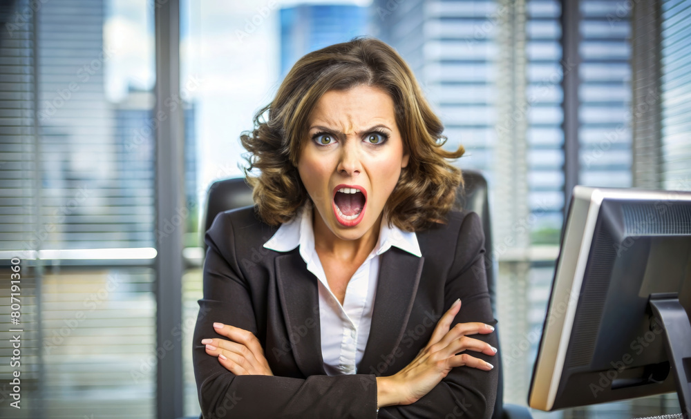 Portrait of angry furious young business woman sitting at the office desk Portrait of angry furious young business woman sitting at the office desk