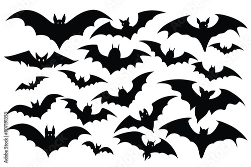 Set of bats black Silhouette Design with white Background and Vector Illustration