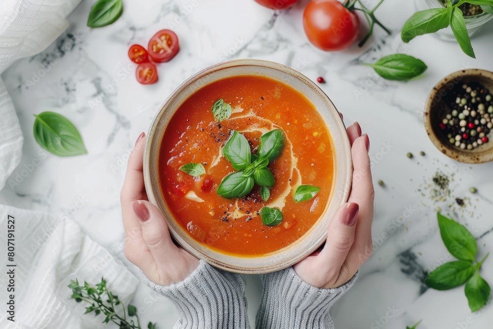Woman holding bowl of homemade vegetable soup Healthy food idea Woman holding bowl of homemade vegetable soup Healthy food idea