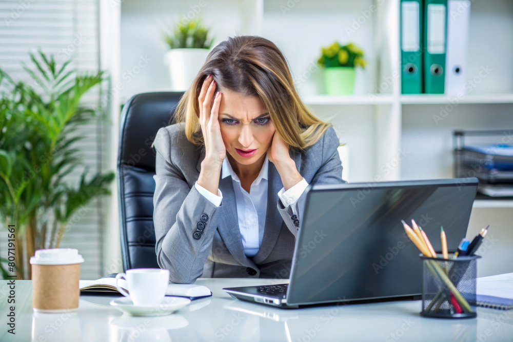 Portrait of angry furious young business woman sitting at the office desk Portrait of angry furious young business woman sitting at the office desk