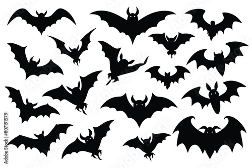 Set of bats black Silhouette Design with white Background and Vector Illustration