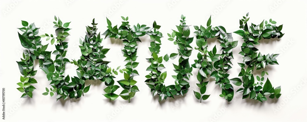 A word NATURE made of green leaves on a white background A word NATURE made of green leaves on a white background