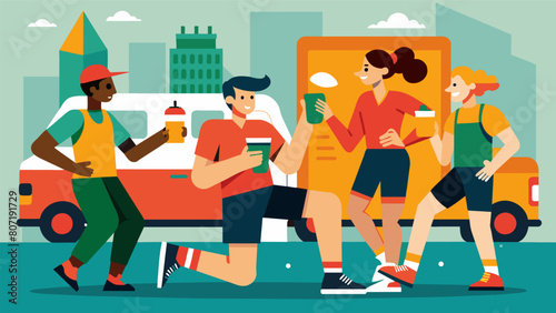A group of skaters taking a quick pit stop at a food truck refueling with energy bars and water before continuing on with the marathon.. Vector illustration